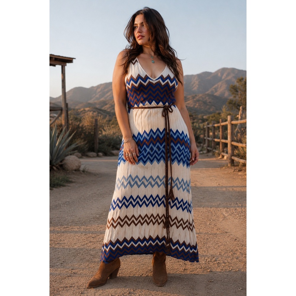 Boho Western Prairie Cowgirl Summer Blue Brown Chevron Knit 14Tall Maxi Dress